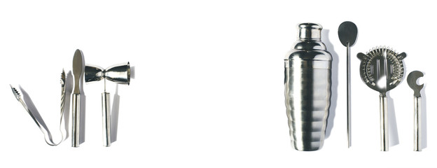 Set of bar tools for making a cocktails isolated on white background.