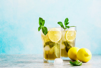 Traditional iced tea with lemon and ice in tall glasses