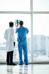 Fototapeta premium Back of mixed race doctors two doctors checking X-rays on light of panoramic windows on modern office background