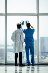 Back of mixed race doctors two doctors checking X-rays on light of panoramic windows on modern office background