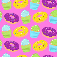 Seamless colorful pattern with donuts and cupcakes on pink background. Vector illustration