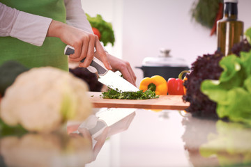 Close Up of human hands cooking vegetable salad in kitchen on the glass table with reflection. Healthy meal, and vegetarian food concept