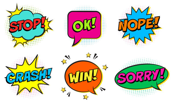Retro comic colorful speech bubbles set on white background. Expression text STOP, OK, NOPE, CRASH, WIN, SORRY. Vector illustration, pop art style.