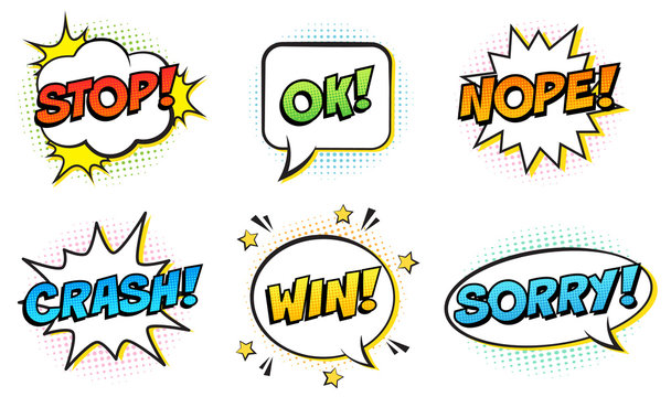 Retro comic speech bubbles set on white background. Expression text STOP, OK, NOPE, CRASH, WIN, SORRY. Vector illustration, pop art style.