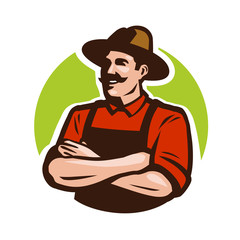 Farm, agriculture logo or label. Happy farmer, grower cartoon. Vector illustration