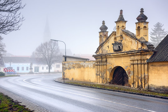 Historical centre on a foggy winter day. Market town of Guntersdorf in the district of Hollabrunn, Lower Austria, Europe.