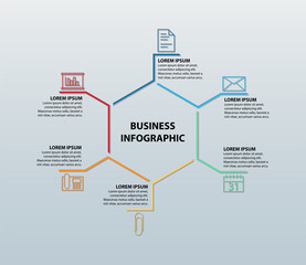 Business Infographic Featuring Six Icons (Document, Envelope, Calendar, Paper Clip, Telephone, and Chart) With Corresponding Information Sections