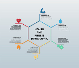 Fitness And Health Infographic Featuring Six Icons (Bicep, Blood Drop, Gears, Shoe Prints, Flame, and Heart Rate) With Corresponding Information Sections