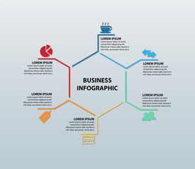 Business And Networking Infographic Featuring Six Icons (Coffee Cup, Exchange Arrows, Partnership, Web Page, SEO Tag, and Pie Chart) With Corresponding Information Sections