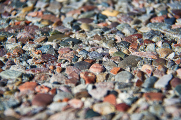 Multi-colored pebble with the middle of the image in focus.