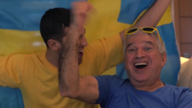 Swedish Father and Son Fans Watching and Celebrating a Soccer Game
