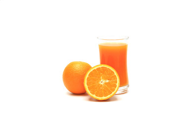Glass of orange juice , sliced orange , ripe orange on white background