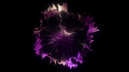 3D rendering of explosion, smoke, shock wave and divergent waves, isolated on black background. View of the camera from the top