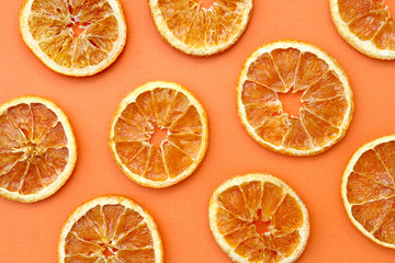 Dried Sliced Oranges in Graphic Pattern on Orange Background