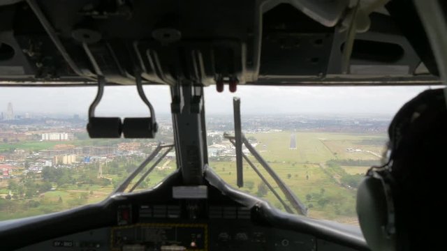 Airplane flying and preparing for landing