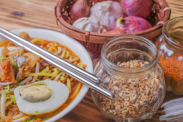 Curry Noddles or Mee Kari which is a popular traditional spicy noodle soup from the culture in Malaysia.
