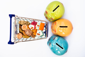 Closeup miniature house and stack coins in mini shopping cart using as business, property and financial concept © jaturonoofer