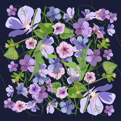 Floral seamless pattern on a dark background, vector illustration 