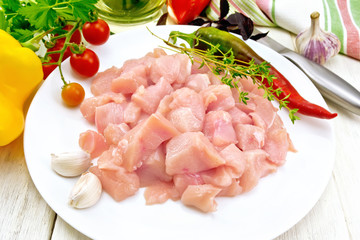 Chicken breast raw sliced in plate on board