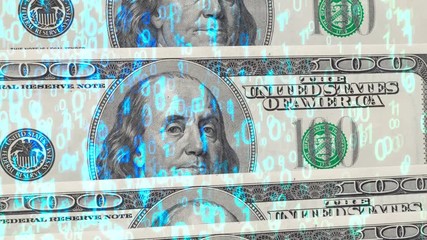 USA one hundred dollar banknotes carousel among the binary code background, crypto currency and internet technology banking concept. Fintech or digital currencies conceptual video. Online payment. - Powered by Adobe