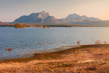 Landscape of the lake at sunset time