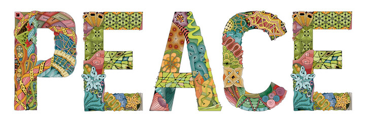 Word PEACE. Vector decorative zentangle object