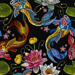 Classical embroidery koi carp, pink and white lotuses and water lilies, template fashionable...