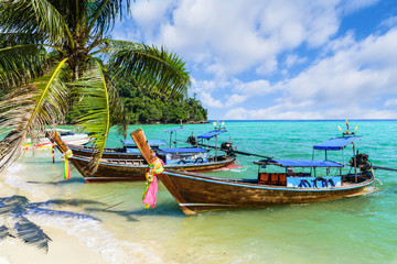 Fototapeta na wymiar Traditional longtail boats parking, Andaman Sea, Phi Phi island, Krabi Province, Thailand