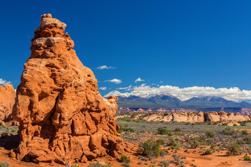 Beautiful autumn scenery in the Arches National Park, Utah, on a claer day with blue sky