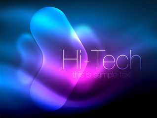 Blurred arrows in dark space. Neon pointers, glass glossy design, abstract shiny techno background, web banner