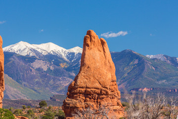 Beautiful autumn scenery in the Arches National Park, Utah, on a claer day with blue sky