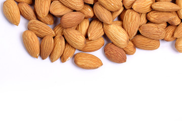 Almonds isolated. Group of almond nuts isolated on white background. Full depth of field