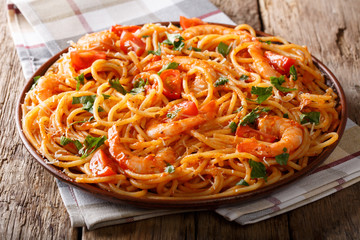 Tomato Fra Diavolo Sauce, Seafood and Pasta spaghetti close-up. Horizontal