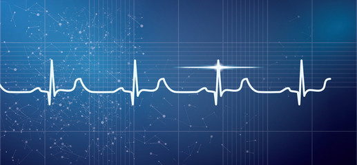 White Heart Beat Pulse Electrocardiogram Rhythm on Blue Background. - obrazy, fototapety, plakaty