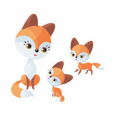 Fox family. Cute animal with cubs. Vector illustration in cartoon style isolated on a white background.