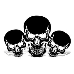 Three black skulls, silhouette with shadow, on white background,