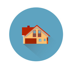 Brown house, round blue icon for site, flat style, on white background,