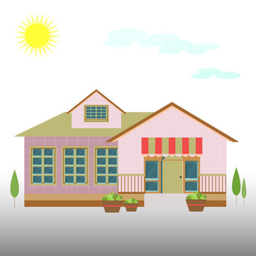 House-building, (school) flat style on a natural clean background with trees,