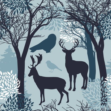 Animal seamless pattern with silhouettes of trees, leaves, deers and birds. Endless texture of winter design. Graphic wallpaper design in blue color tones.