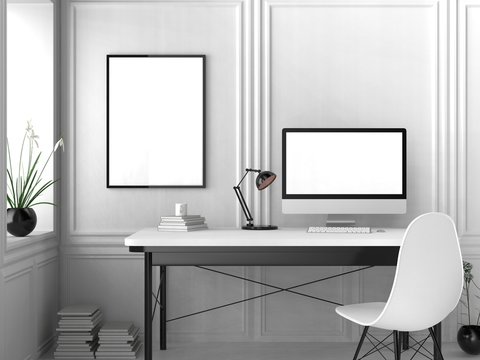 Modern workspace, isolated computer screen and frame mock up. 3D illustrating.