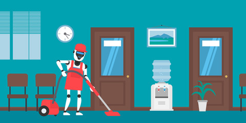 robot humanoid cleaning office with vacuum cleaner