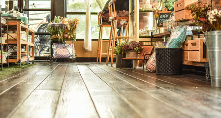 space room at coffee shop and wooden floor bottom view