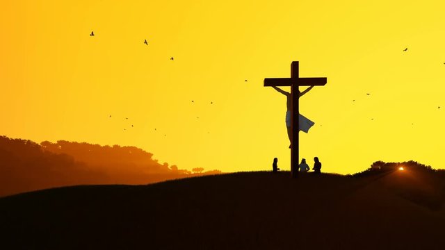Christians praying at Jesus cross, blurry sunrise, zoom out