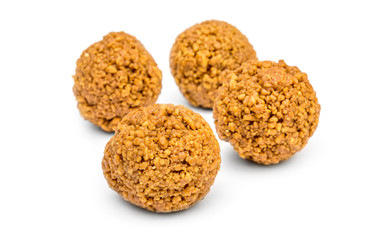 Round cookies on white background.