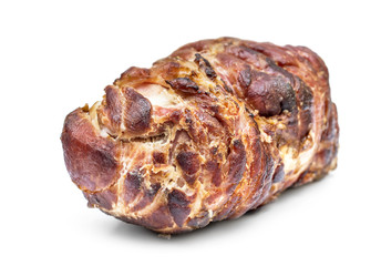 Smoked ham on white background. Close up.