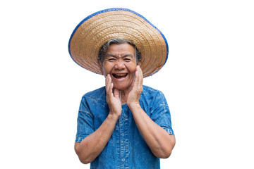 Happy old Asian woman farmer smiling on a white background