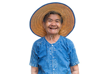 Happy old Asian woman farmer smiling on a white background