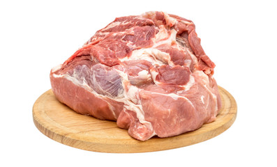 Cutting board with piece of raw meat on white background.