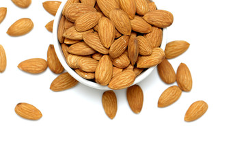 Almonds isolated. Group of almond nuts isolated on white background. Full depth of field