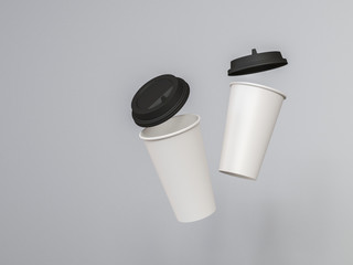 3d model of paper cups with a lid standing on a plane under natural light. White background. Rendering.
